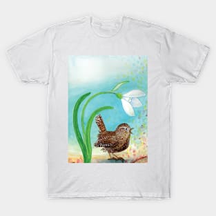 Wren Bird and Snowdrop Sing In the Spring Illustration T-Shirt